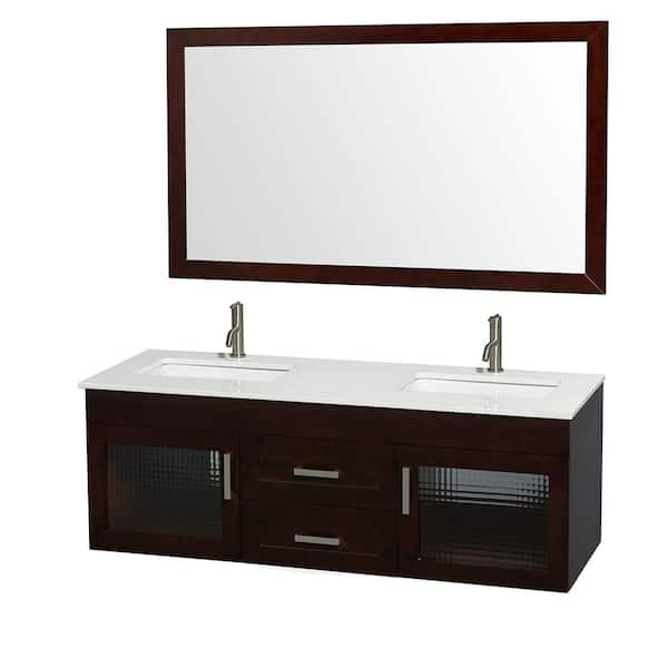 Wyndham Collection Manola 60 in. Double Vanity in Espresso with Glass Vanity Top in White, Undermount Square Sinks and 58 in. Mirror