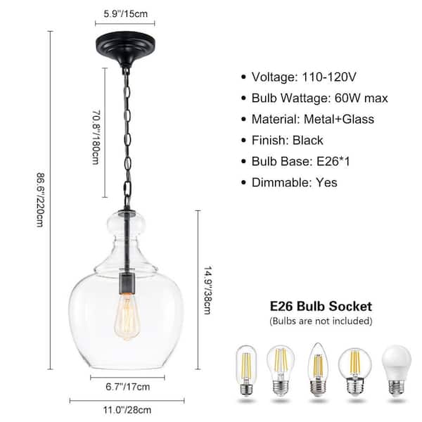 60-Watt 1 Light Black Modern industrial Shaded Pendant Light Fixture with Clear Glass Shade, No Bulbs Included