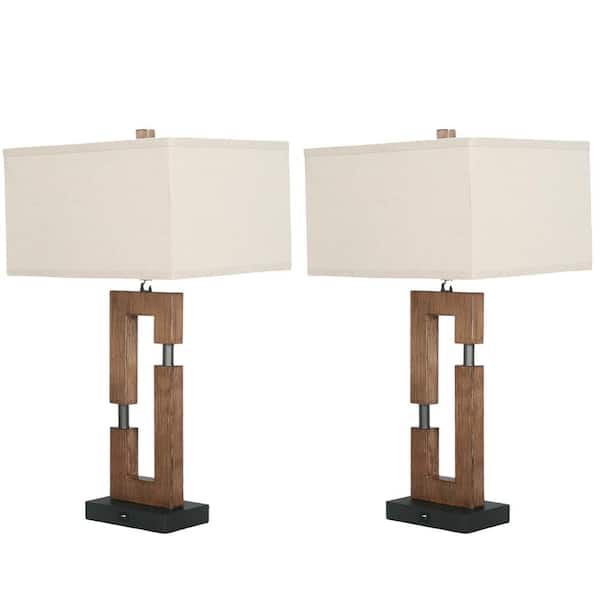 Uixe 25.8 in. Black Metal and Brown Wood Base USB Table Lamp Set with White Fabric Shade and Cable (Set of 2)