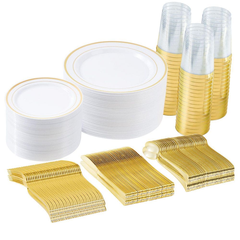 Tahanbath Gold/Silver Plastic Tableware Set-350-Pieces Gatherings of 50 ...