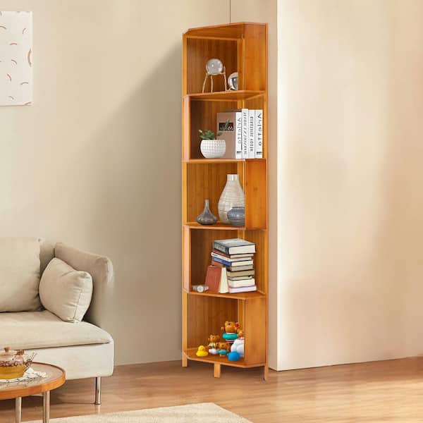 Brown 66 in. Tall Bamboo HDF 5-Shelf Bookcase Multifunctional Storage Display Bookshelf