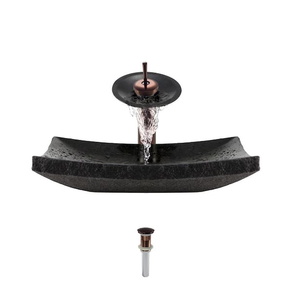 MR Direct Stone Vessel Sink in Shanxi Black Granite with Waterfall Faucet and Pop-Up Drain in Oil Rubbed Bronze