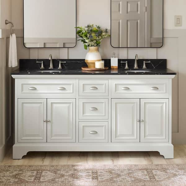 Home Decorators Collection Sadie 67 in. Double Sink Matte Pearl Bath Vanity with Black Marquina Quartz Top (Assembled)