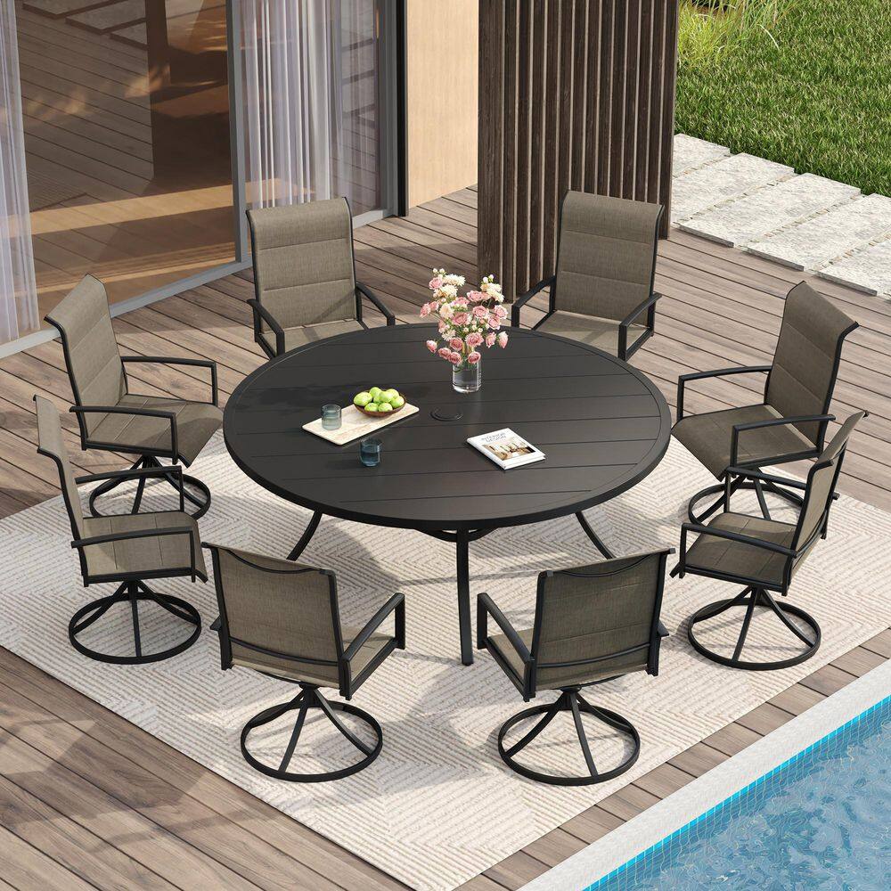9-Piece Metal Outdoor Dining Set with 60 in. Black Round Table and 8 Brown Swivel Dining Chairs for 8 Person price history on PriceWatchPro