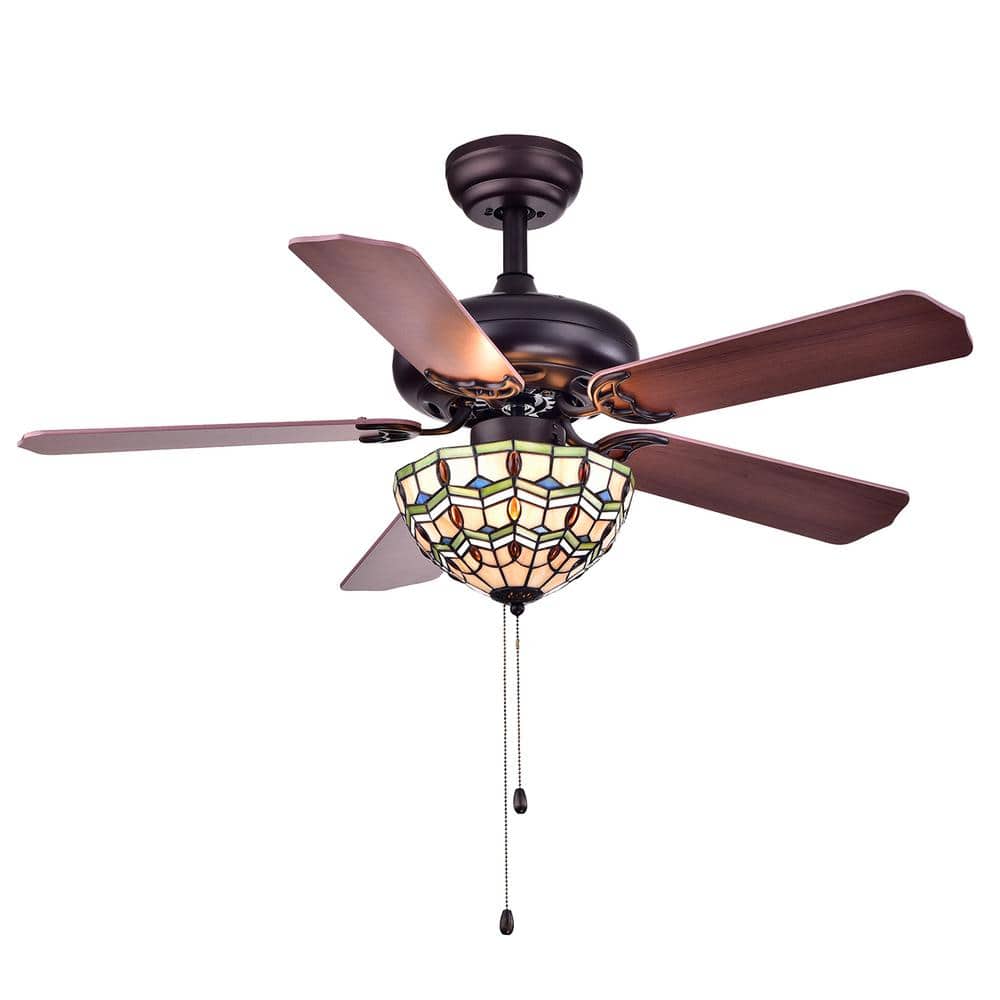 Warehouse Of Tiffany Doretta 42 In Black Walnut Ceiling Fan With Light Kit And Tiffany Glass Bowl Cfl8169bl The Home Depot
