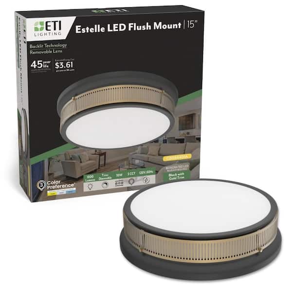 ETI LIGHTING ESTELLE 15 in. Black Gold Trim Round LED Flush Mount Ceiling Light 1600LM 30W Adjustable CCT Dimmable Backlit Technology