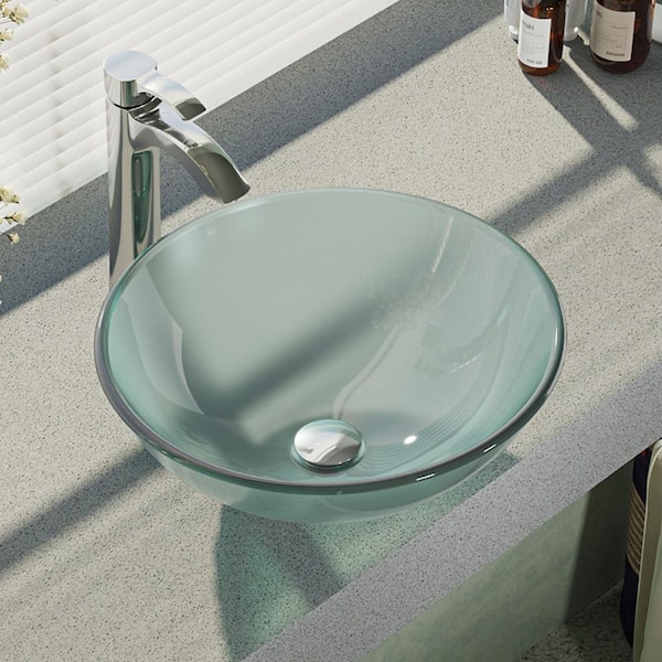 Rene Glass Vessel Sink in Frosted with R9-7006 Faucet and Pop-Up Drain in Chrome
