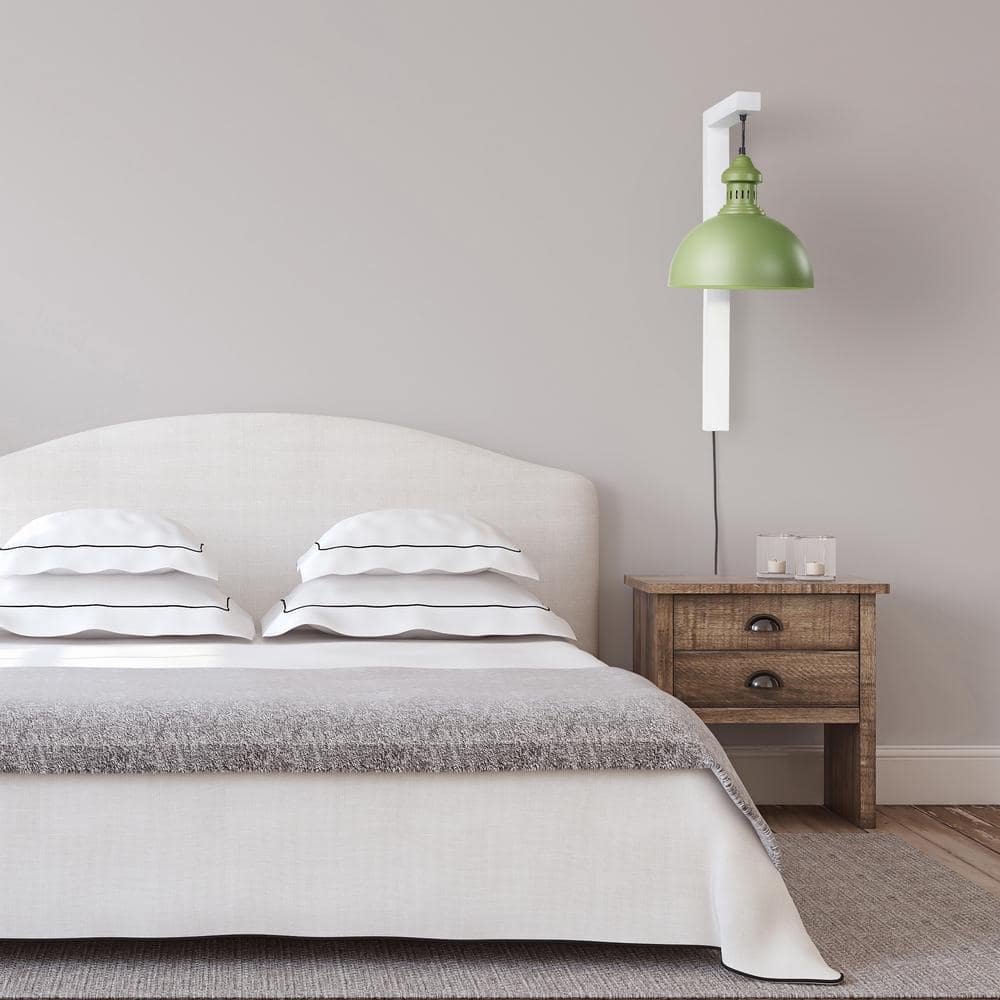 Green and White Industrial Plug-In Wall Sconce with Metal Dome Shade