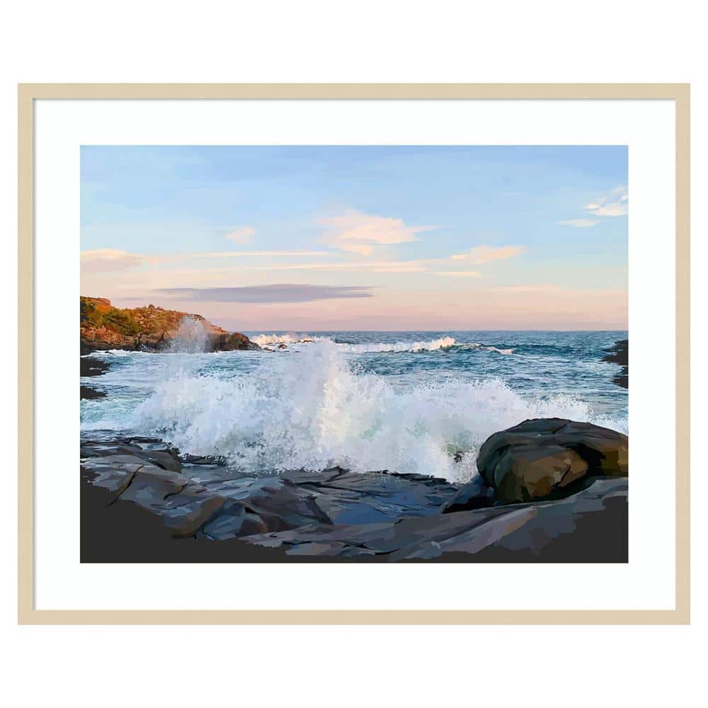 Crashing Waves Ocean Scene 41"x33" Brown Wood Framed Wall Art