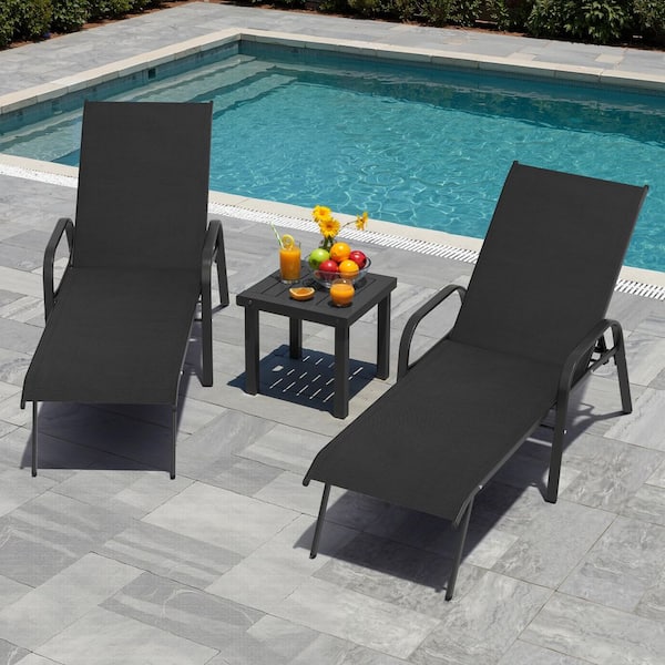 2-Piece Outdoor Pool Lounge Chairs with 5-Position Adjustable Backrest and Armrest in Black