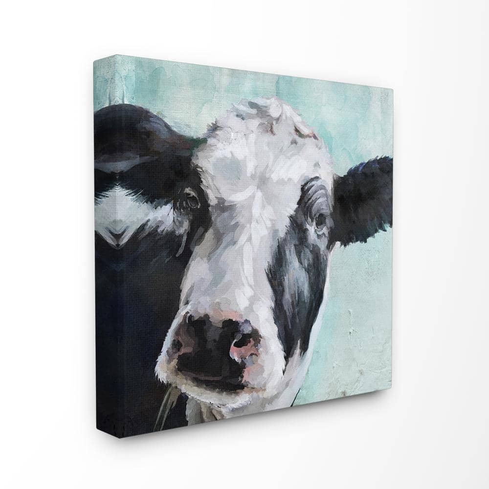 Gentle Farm Cow Painting on Blue Canvas Wall Art, 17 x 17
