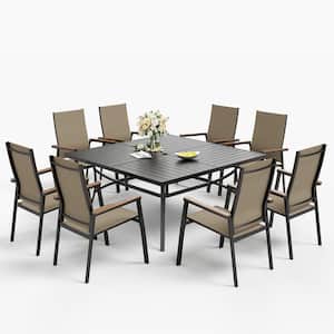 Black 9-Piece Metal Outdoor Patio Dining Set with Square Table and Stackable Aluminum Chairs