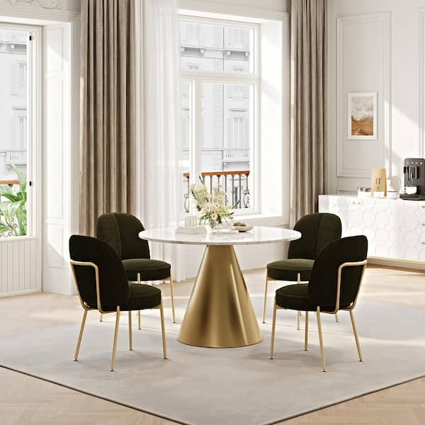 Clihome 5-Piece Dining Set Round White Marble Top Table with Brown