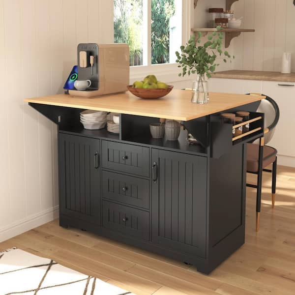 Black Wood 55.7" in. Kitchen Island with 2 Drop Leaf, Power Outlet and Drawers
