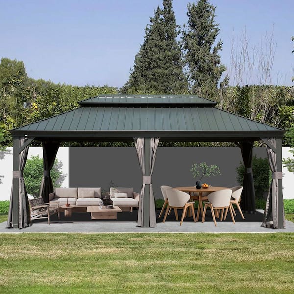 12 ft. x 12 ft. Outdoor Gray Aluminum Frame Galvanized Steel Hardtop Gazebo with Curtains and Netting