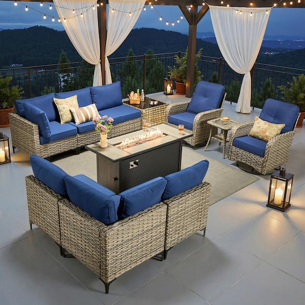 Supery Gray 11-Piece Wicker 54 in. Rectangle Fire Pit Patio Conversation Set with Navy Blue Cushions and Swivel Chairs