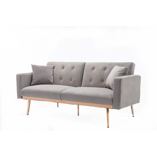 Spaco 63.7 in. Gray Velvet Upholstered Full Sofa Bed with Rose Gold Metal Feet