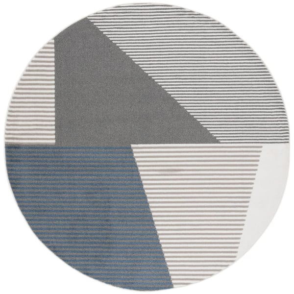 Pyramid 7 ft. x 7 ft. Ivory/Gray Navy Geometric Striped Abstract Round Area Rug