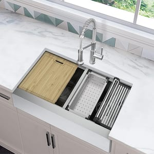 Zero Radius Farmhouse/Apron-Front 16G Stainless Steel 33 in. Double Bowl Workstation Kitchen Sink, Spring Neck Faucet