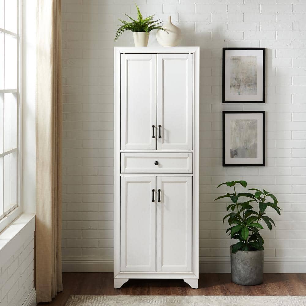 Distressed White Tall Kitchen Pantry with Adjustable Shelves