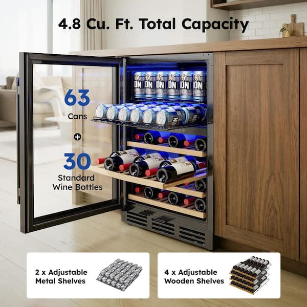 23.5 in. Dual Zone Wine and Beverage Cooler, 30 Bottles and 63 Cans Capacity in Black, Reversible Door Removable Shelves