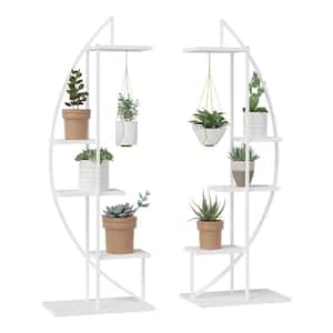 5-Tier Metal Plant Stand with Hangers Half Moon Shape Flower Pot Display Shelf for Patio Garden and Balcony Decoration