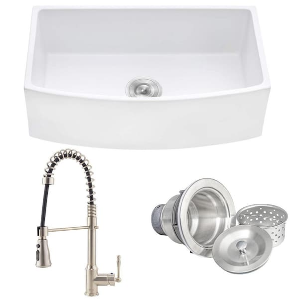 White Fireclay 30 in. Single Bowl Apron-Front Kitchen Sink with Faucets and Basket Strainer