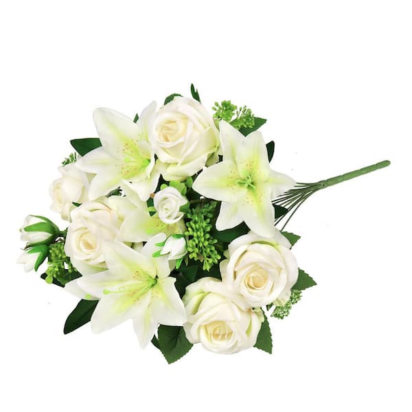 LIVING LUXURY 18 in. Cream White Artificial Mixed Rose Stargazer