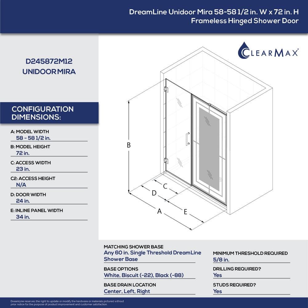 Unidoor Mira 58" x 72" Frameless Chrome Hinged Shower Door