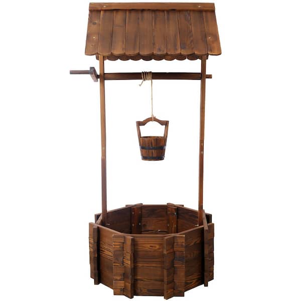 Rustic Wooden Wishing Well Planter-Outdoor Garden Decor with Hanging Bucket, Durable Fir Wood for Patio and Yard