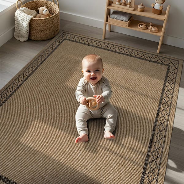 Beverly Rug Haven 5 ft. x 7 ft. Natural Border Diamond Washable