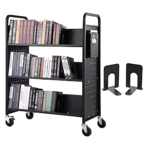 Book Cart 330 lbs. Library Cart 39 x 20 x 49 in. Double Sided W-Shape Sloped Shelves with 4 in. Lockable Wheels in Black