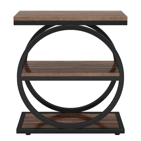 BYBLIGHT Kerlin 23.62 in. Brown Rectangle Wood End Table with 3 Tiers Storage Shelves and Geometric Base