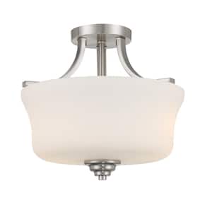 Shyloh 13.25 in. 2-Light Brushed Nickel Semi-Flush Mount with Etched Opal Glass Shades