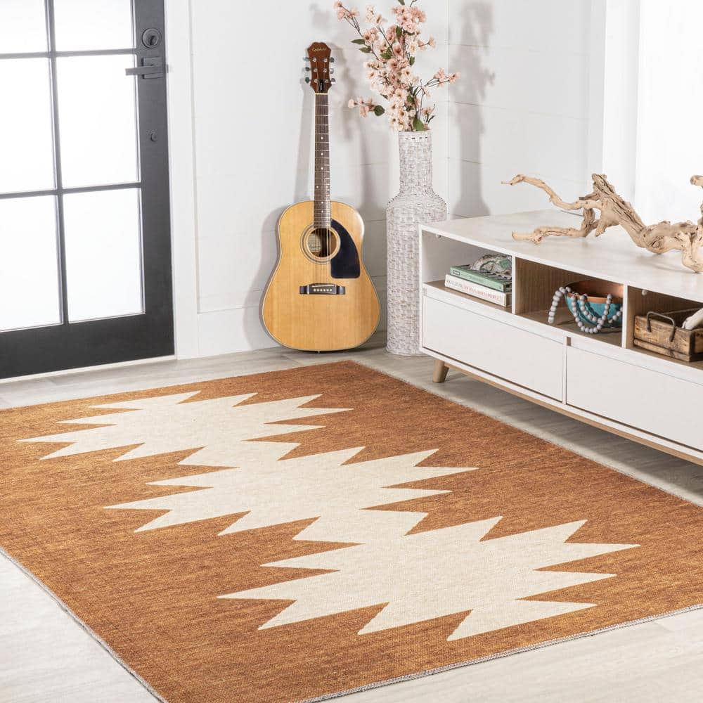 Chayton Terracotta and Cream Geometric Washable Area Rug 8' x 10'