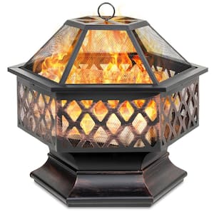 24 in. x 24 in. x 8.5 in. Hexagon Steel Wood Fire Pit with Mesh Lid