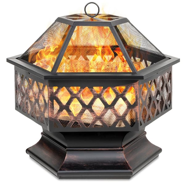 Best Choice Products 24 in. x 24 in. x 8.5 in. Hexagon Steel Wood Fire Pit with Mesh Lid