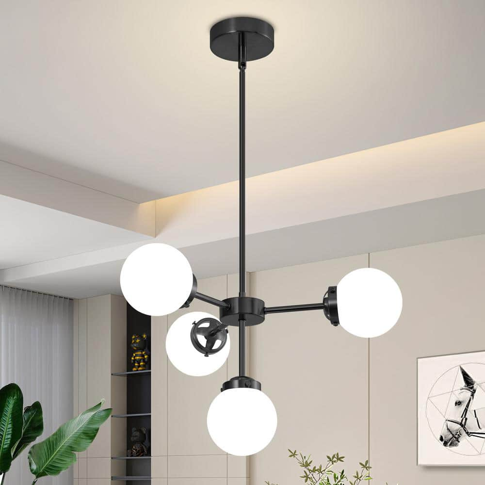 Deyidn Black Chandelier Lighting 4-Light Globe Sputnik Chandelier Milk ...