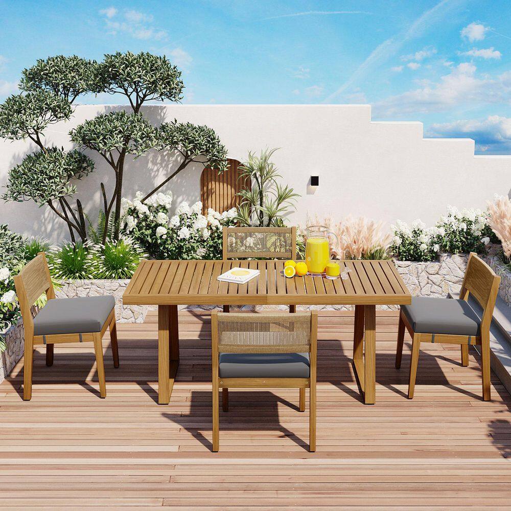 5 Piece Acacia Wood Outdoor Dining Sets with Thick Cushions-for Balcony, Co