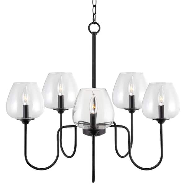 Kira Home Toscano 60-Watt 5-Light Black Modern Chandelier with Clear Shade, No Bulb Included