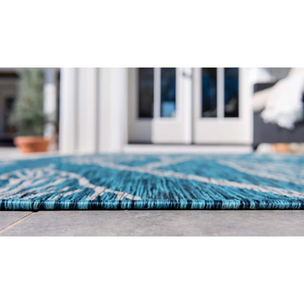 Teal and Ivory Botanical Outdoor Rectangular Rug 4' x 6'