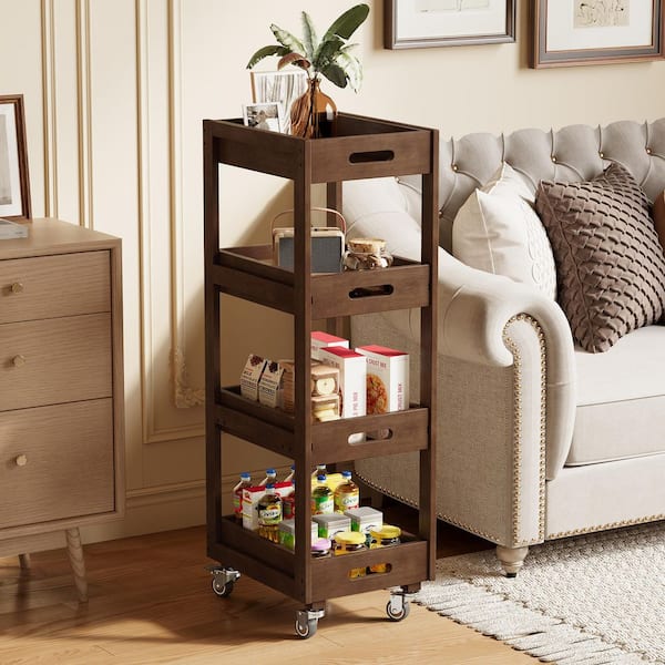 Walnut Brown 15.74 in. W Solid Wood Storage Cart, 4-Tier Slim Kitchen Rolling Cart with Wheels