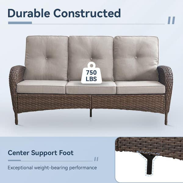SleekArm 3-Seat Brown PE Wicker Outdoor Couch with Beige Cushions
