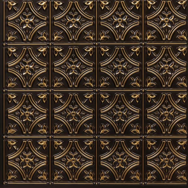FROM PLAIN TO BEAUTIFUL IN HOURS Gothic Reams Antique Gold 2 ft. x 2 ft. Glue Up PVC Faux Tin Ceiling Tile