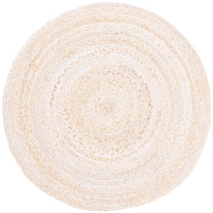 Braided Beige Doormat 3 ft. x 3 ft. Round Striped Solid Area Rug