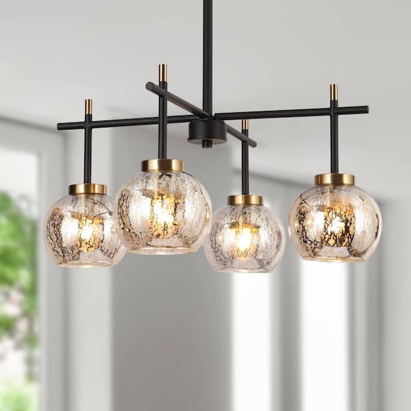 4-Light Modern Black Chandelier with Mercury Glass, Island Pendant Lights for Kitchen Island, Brass Farmhouse Chandelier