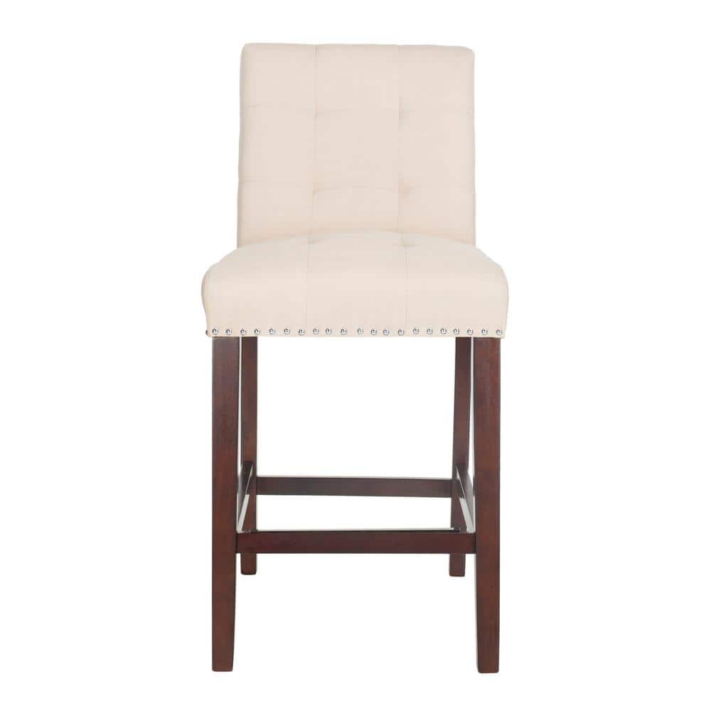 Beige Tufted Linen Transitional Counter Stool with Chrome Accents, Set of 2