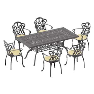 Lily Black 7-Piece Cast Aluminum Outdoor Dining Set with Rectangle Table and Dining Chairs with Random Color Cushion