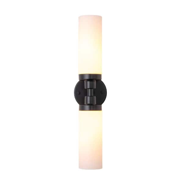 HUOKU Nimbus 4.7 in.W 2-Light Matte Black Bathroom Vanity Light Bar Modern Wall Light with Tube Opal Glass for Bedroom