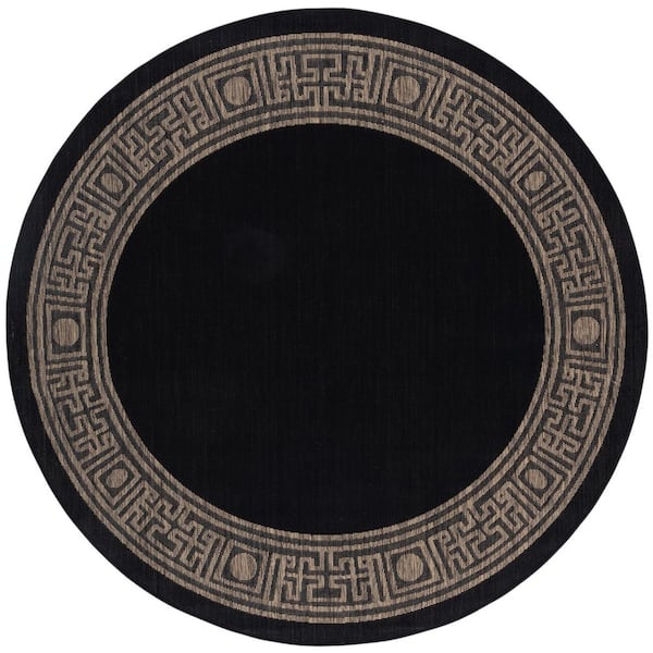 Courtyard Black/Coffee 7 ft. x 7 ft. Geometric Border Indoor/Outdoor Round Area Rug